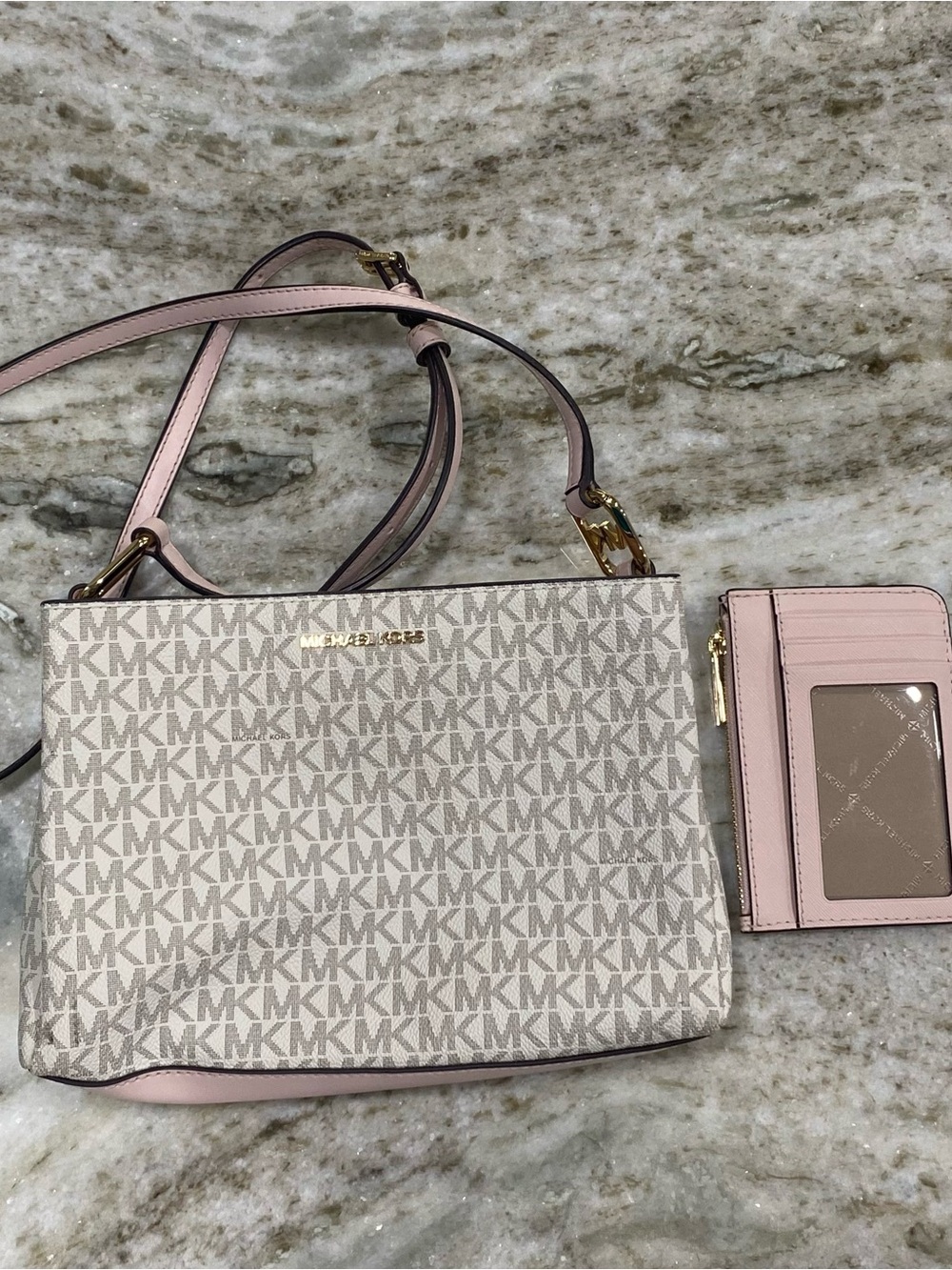 Michael Kors Beige and Pink Signature Crossbody with Card Case wallet